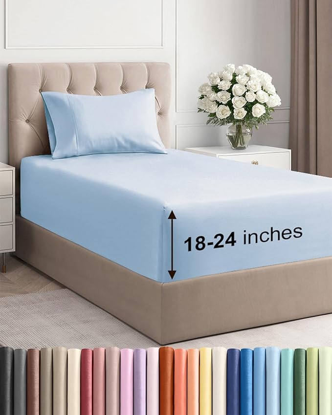 Extra Deep Pocket Twin Sheets - 3 Piece Breathable & Cooling Bed Sheets - Hotel Luxury Bed Sheet Set - Soft, Wrinkle Free & Comfy - Easily Fits Extra Deep Mattresses - Deep Pocket Sky Blue Sheets Set