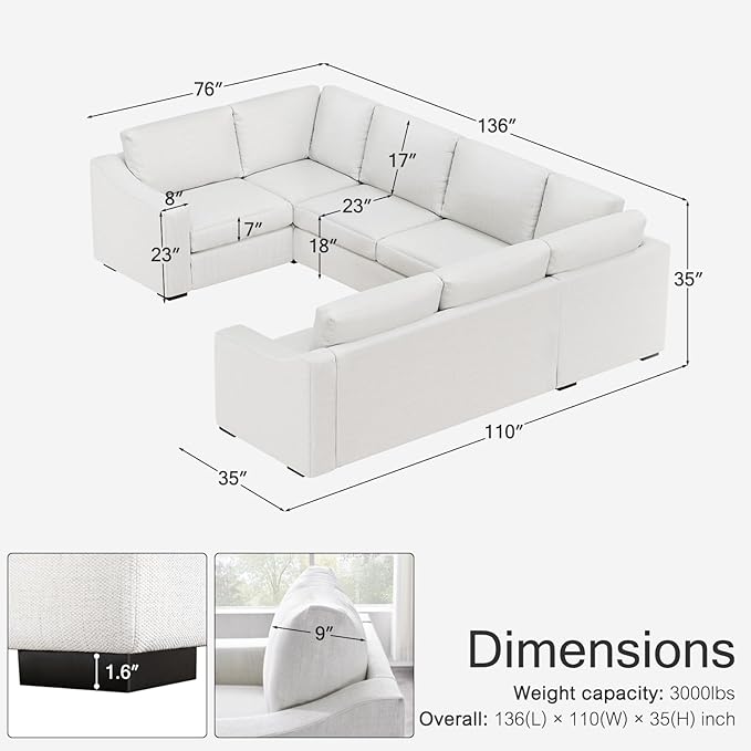 ELUCHANG Convertible Sectional Sofa, U Shaped Couch, Natural Linen Fabric Couches with Extra Deep Seats, Big Comfy Couch Upholstered Modern Corner Sofa for Living Room, Office, White