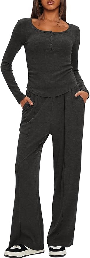 Darong Womens 2 Piece Matching Lounge Sets 2026 Long Sleeve Henley Shirts Wide Leg Pants Airport Travel Outfits