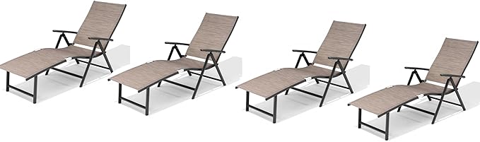 VredHom 4PCS Patio Chaise Lounge Outdoor Folding Adjustable Lounge Chair Recliner with 8 Adjustable Backrest Positions for Pool Beach Yard, Textliene and Aluminum Frame