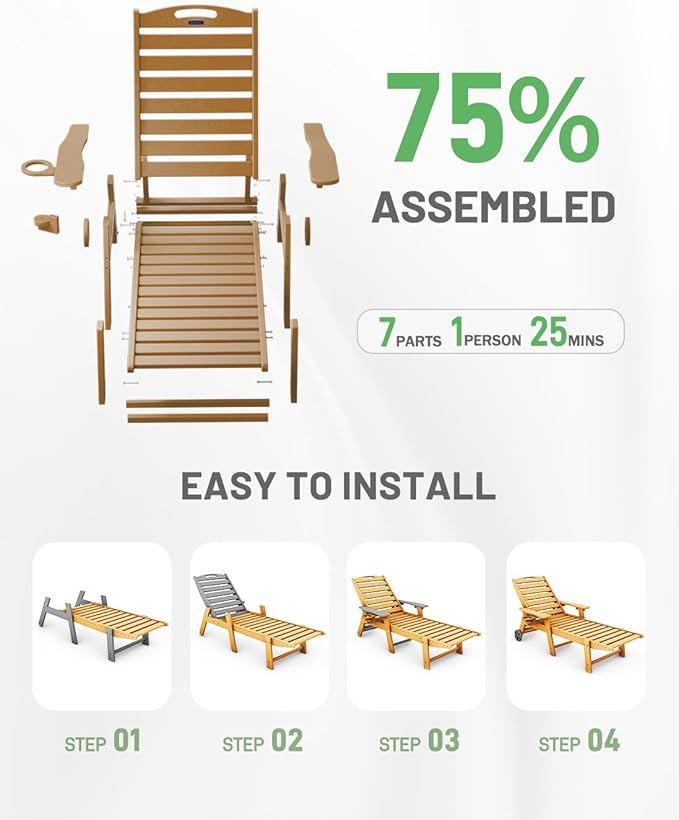 Lounge Chair Outdoor, Chaise Lounge Outdoor, HDPE 6-Position Lounge Chair for Outside, Patio Lounge Chair with Wheels & Cup Holder for Pool Poolside Deck Backyard, Teak