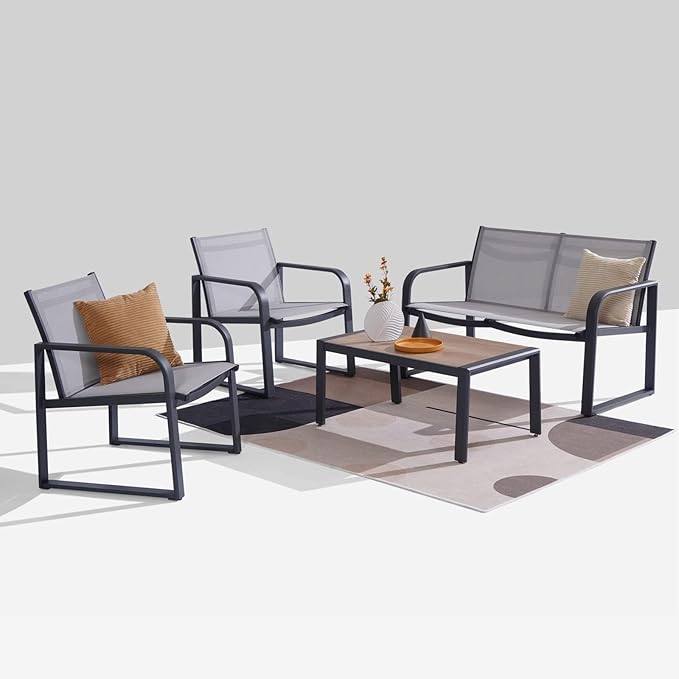 Litpony Aluminum Outdoor Patio Conversation Set, 4 Pieces Patio Furniture Sets with Breathable Textilene with Loveseat,Table and Chairs for Yard,Balcony,Grey
