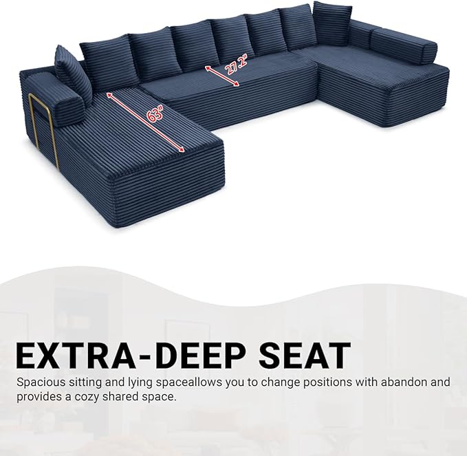 145" Oversized Cloud Boneless Sectional Sofa with Chaise, Corduroy U Shaped Modular Couch with Deep Seat, Fixed Frame Comfy Corner Sofa, No Assembly Required (Blue)