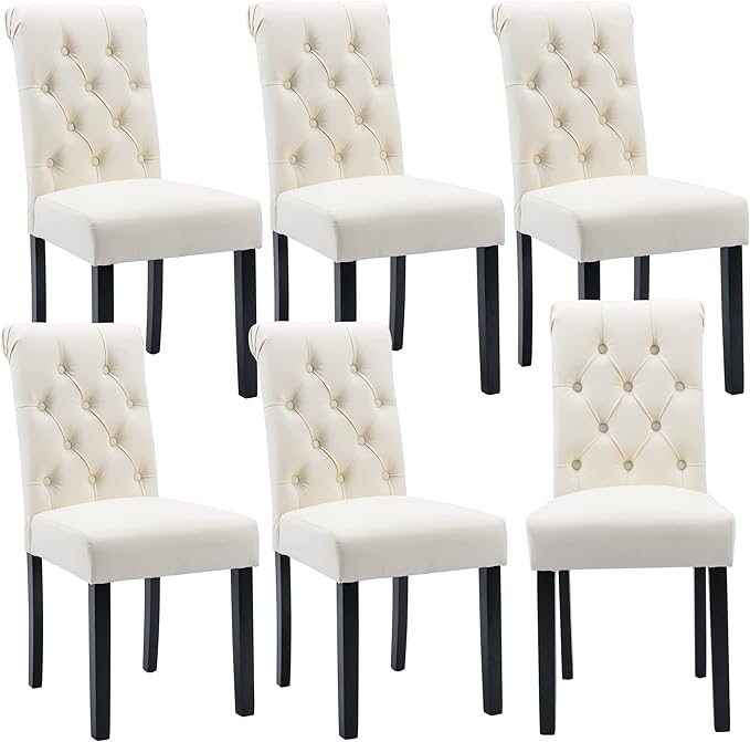 chairus Dining Chairs Set of 6 Mid Century Modern Living Room Chairs with Button Tufted High Back PU Leather Armless Chair Comfy Upholstered Side Chairs for Kitchen/Restaurant/Bedroom, Cream White