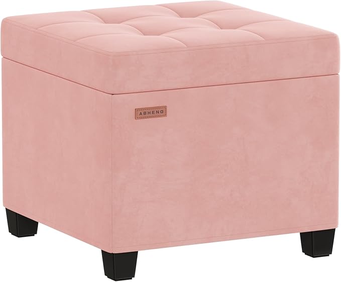 ABHENG 17.7 inches Velvet turfed Ottomans Cube with Storage, Metal-Framed Square Storage Ottoman Foot Rest Stool Holds 770 LB for Dorm Living Room Bedroom Pink UASND64P