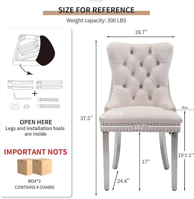 YeahFurn Mid Century Modern Dining Chairs Set of 4, Beige Velvet Upholstered Tufted Back, Kitchen & Dining Room Chairs, Brushed Silver Metal Legs, Nailhead Trim, Sillas para Comedor (Beige, 4 Pcs)
