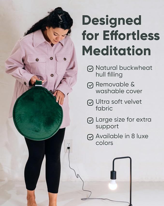 Mindful Modern Velvet Meditation Cushion | Luxe Zafu Yoga Floor Pillow Seat | Posture Support | Buckwheat Hull Filled | Large Round Cushion with Removable Washable Cover + Carry Handle