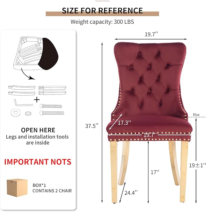 YeahFurn Mid Century Modern Dining Chairs Set of 2, Red Velvet Upholstered Tufted Back, Kitchen & Dining Room Chairs, Gold Metal Legs, Nailhead Trim, Sillas para Comedor (Red, 2 Pcs)