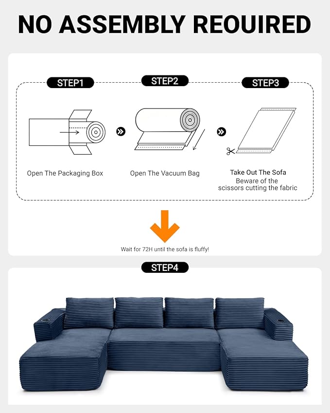 132" Modular Sectional Sleeper Sofa, Boneless Cloud Couch for Living Room, U Shaped 5 Seat Sofa with 2 Cup Holders, Free Combination, No Assembly Required (Blue)