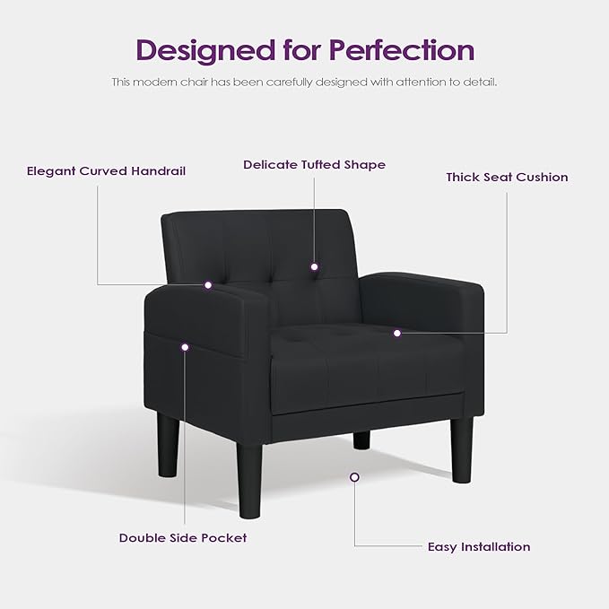 TYBOATLE Accent Chair Set of 2 Living Room Chairs Cozy Tufted Mid Century Modern Black Accent Chairs with Arms for Bedroom Comfy Reading Arm Chair Small Chairs for Small Spaces Office(2, Black)