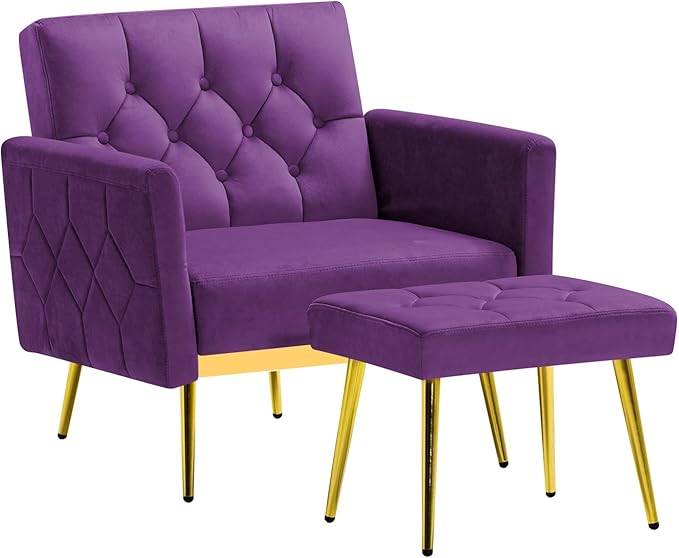 ACMEASE Velvet Accent Chair w/Adjustable Armrests and Backrests, Tufted Single Sofa with Ottoman, Upholstered Reading Chiar for Living Room, Apartment, Bedroom, Purple