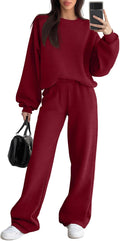 Sweetyweee Women's 2 Piece Outfits Set Fleece Lined Lounge Sweatsuit Crewneck Pullover Top Wide Leg Pants Casual Tracksuit