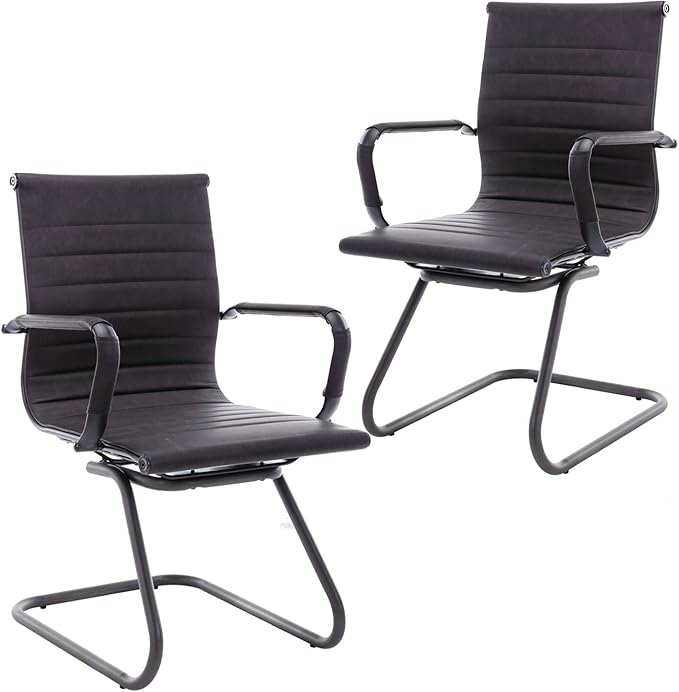 DM Furniture Office Reception Chairs No Wheels Leather Conference Chairs Back Support Guest Chair, Set of 2 (Vintage Charcoal)