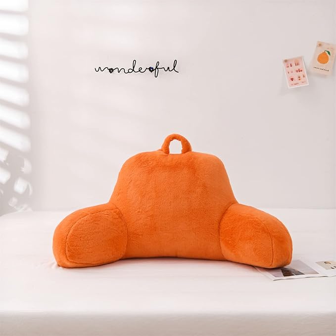 A Nice Night Faux Fur Reading Pillow Bed Wedge Large Adult Children Backrest with Arms Back Support for Sitting Up in Bed/Couch for Bedrest, Orange