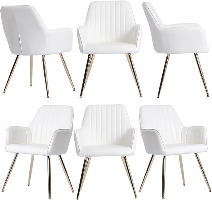 Purgreen Faux Leather Dining Chair Set of 6 - Modern Mid-Back Accent Chair with Gold Plating Legs - Comfy Upholstered Chair for Living Room ，Kitchen & Reception Room (Leather Beige, Set of 6)
