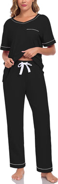 CF Women's 100% Cotton Pajama Sets Soft Short Sleeve Tops & Pants Comfy Sleepwear 2 Piece Lounge set with Pockets Loungewear