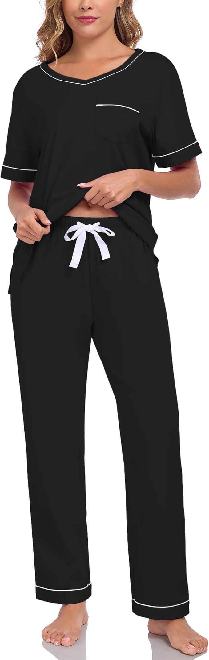 CF Women's 100% Cotton Pajama Sets Soft Short Sleeve Tops & Pants Comfy Sleepwear 2 Piece Lounge set with Pockets Loungewear