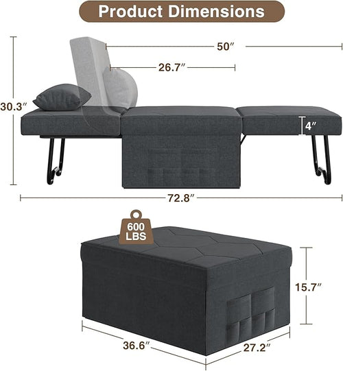 4 in 1 Sleeper Chair, Convertible Sleeper Sofa with Ottoman, Ottoman Bed for Adults, Sofa Bed with Adjustable Backrest for Living Room Apartment Office, Dark Grey