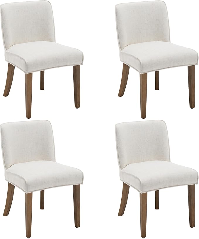 chairus Farmhouse Dining Chairs Set of 4, Upholstered Comfy Dining Room Chairs Linen Fabric Walnut Brown Wood Kitchen Chairs for Dining Table, Living Room, Kitchen, White