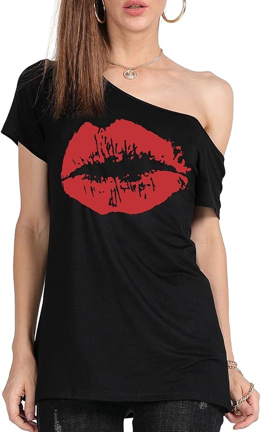 MAGICMK Women’s Short Lips Print Causal Off The Shoulder Plus Size T-Shirt Tops