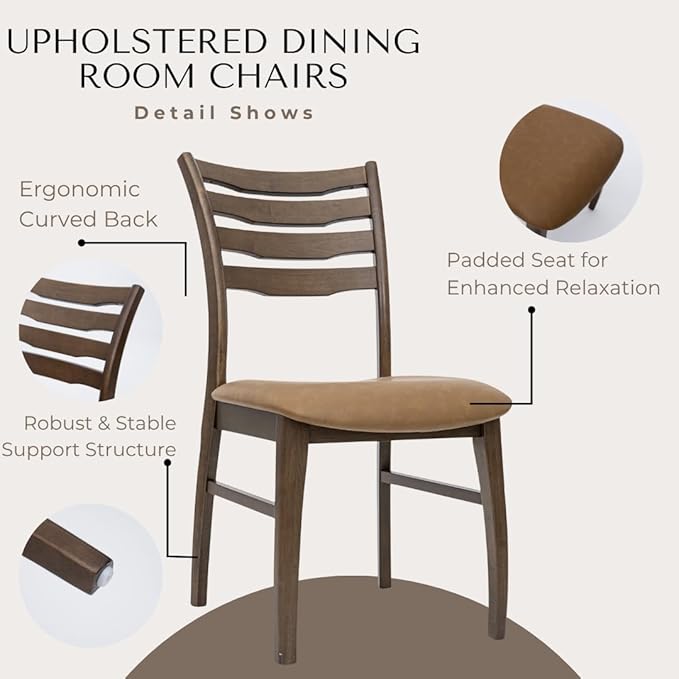 HNY Modern Farmhouse Dining Chairs Set of 2, Brown Leather Upholstered Seat Kitchen Chairs, Rustic Industrial Armless Side Chairs with Walnut Wooden Frame for Dining Living Room Restaurant