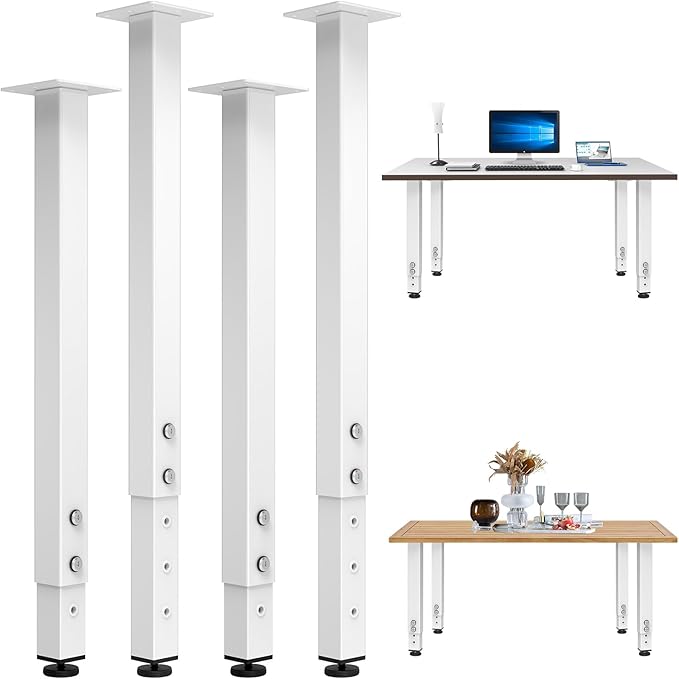 POROHOM 4PCS Adjustable Square Table Leg (24-40inch)，Metal Desk Legs, Home Office DIY Furniture Leg Set for Tables, DIY desks, Counter Tops, Kitchen Tables,Office Desk (White)
