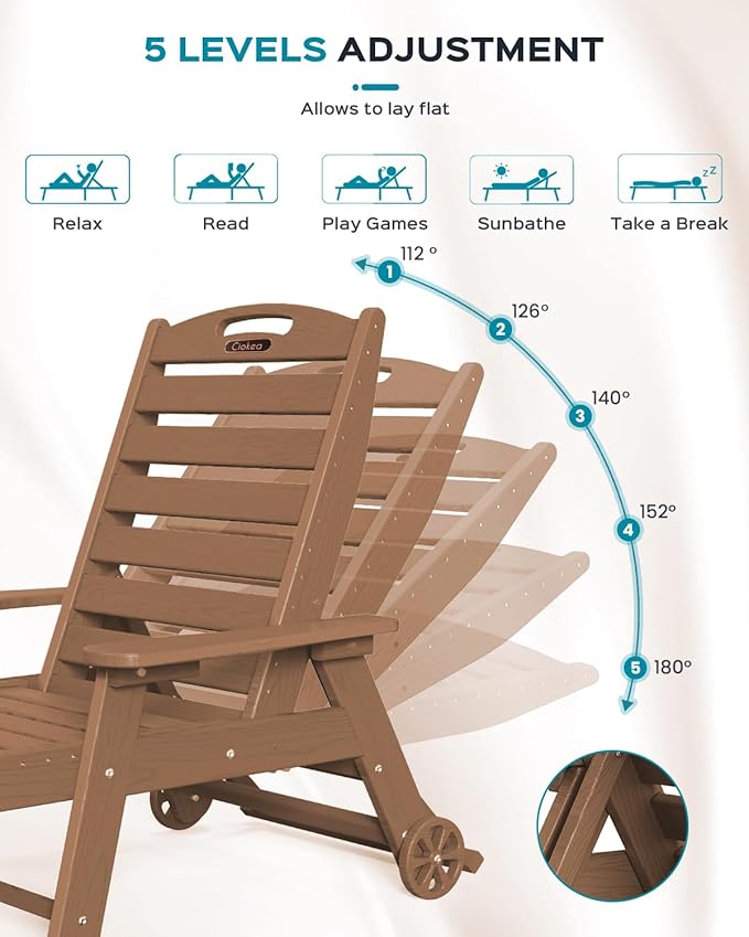 Outdoor Lounge Chair Set of 4, All Weather Patio Chaise Lounge Chairs for Outside, HDPE Chair with Rolling Wheels & Cup Holder, 5 Position, Deck, Pool, Brown