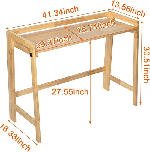 39" Solid Wood Folding Desk - Mid Century Modern Compact Workstation for Small Spaces, Home Office Computer Writing Study Desk with Natural Wood Finish