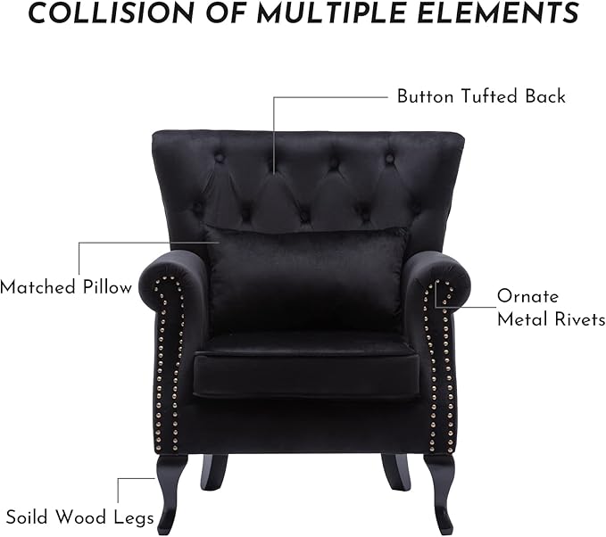 LZAREAL Accent Reading Arm Chairs Set of 2 for Living Room Bedroom, Midcentury Modern Comfy Corner Sofa Chair, Wingback Waiting Room Club Chair with Button Tufted Back &Lumbar Pillow, Velvet Black