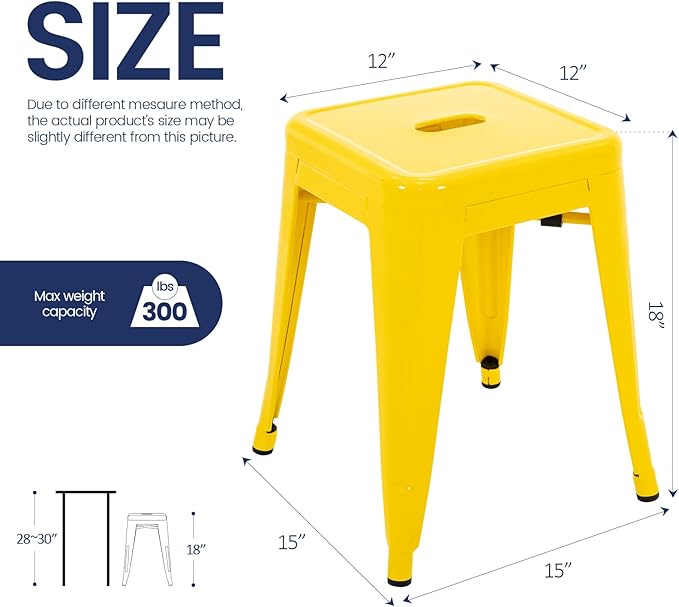 Brage Living 18 Inch Industrial Metal Stools Set of 2, Stackable Classroom Kitchen Short Stools, Backless Metal Dining Chairs for Indoor Outdoor (Yellow)