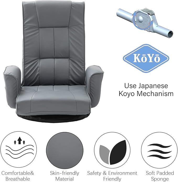 FLOGUOR 360° Swivel Gaming Floor Chair with Armrests – 14-Position Adjustable Folding Floor Sofa Lounger, Padded Backrest, Multi-Angle Recline for Home, Living Room & Office (Grey)