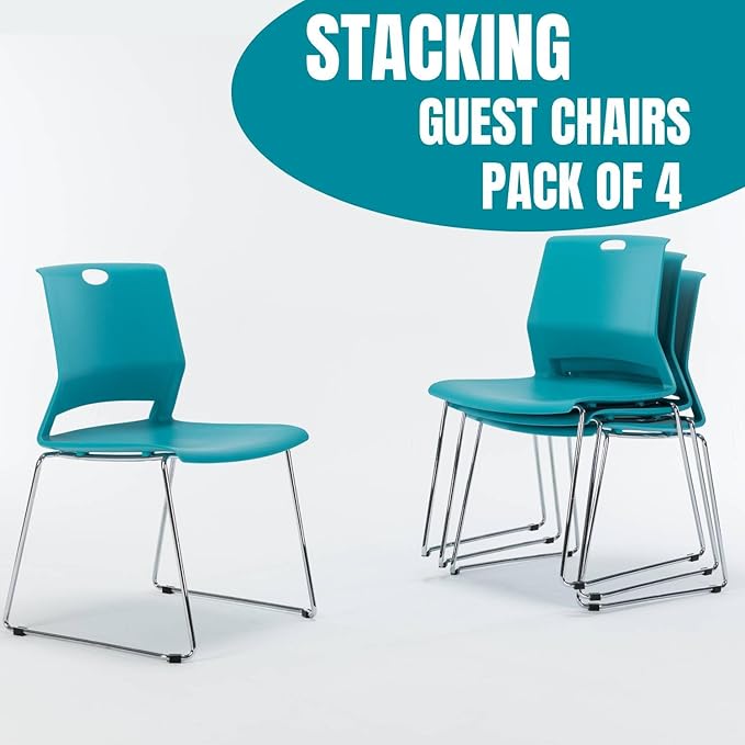 Office Guest Chairs Set of 4, Sled Base Office Stack Chair, Modern Plastic Chairs for Conference, Reception,Classroom and Library,Blue.