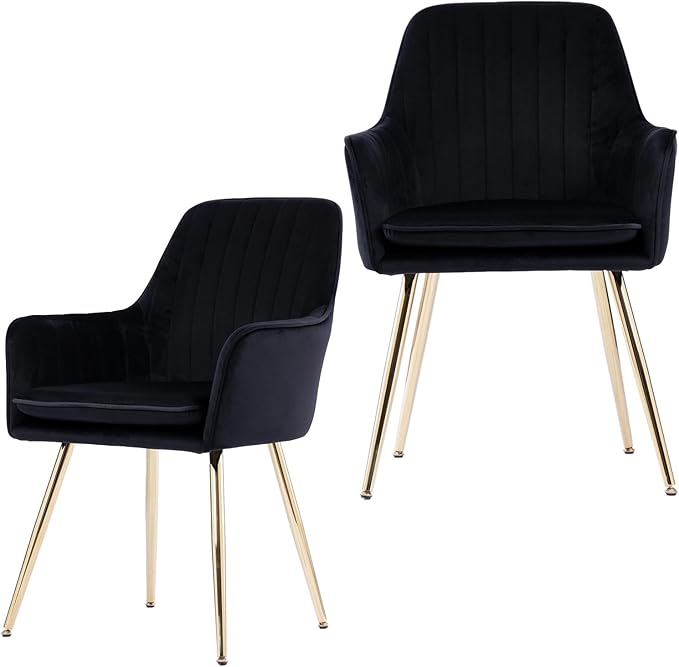 Purgreen Velvet Dining Chair Set of 2 - Modern Mid-Back Accent Chair with Gold Plating Legs - Comfy Upholstered Chair for Living Room，Restaurant & Reception Room (Velvet Black, Set of 2)
