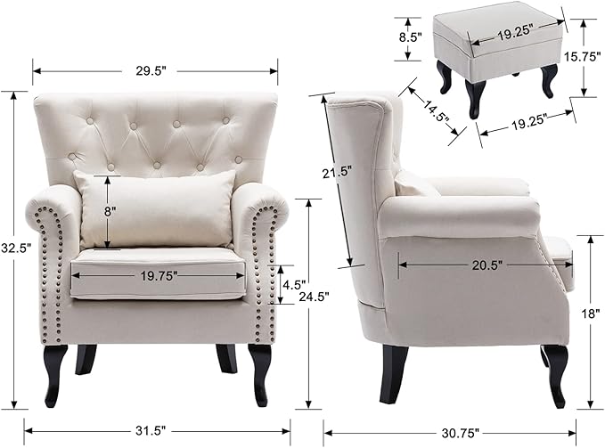 Janoray Mid Century Modern Accent Chair Upholstered Armchair Comfy Linen Fabric Tufted Wingback Single Sofa with Ottoman for Bedroom Living Room, Beige