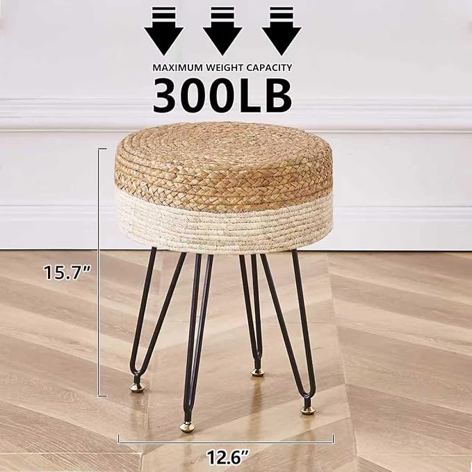 Wimarsbon Ottoman Pouf Handmade Natural Water Hyacinth,Round Footrest with 4 Metal Legs,Vanity Stool for Bedroom,Hallway,Living Room (Natural Water Hyacinth+White Corn Husk)