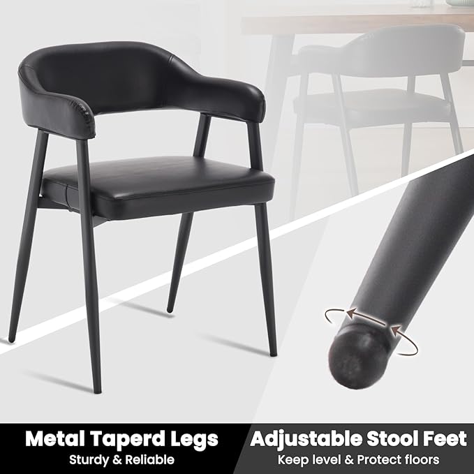 Wahson Black Leather Dining Chairs Set of 4 with Black Metal Legs, Mid Century Modern Kitchen Chairs with Curved Backrest, Accent Low Back Armset Chairs for Dining Room/Kitchen/Bar
