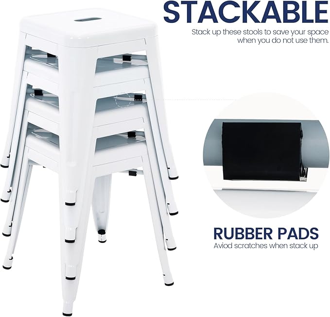 Brage Living 18 Inch Industrial Metal Stools Set of 4, Stackable Classroom Stools, Backless Metal Dining Chairs for Indoor Outdoor, Kitchen Short (White)