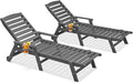 HDPE Patio Lounge Chair Set of 2, 78.4'' Outdoor Poly Lounge Chairs, 5-Position Adjustable Outdoor Lounger with Wheels & Cup Holder, HDPE Patio Chaise Lounges for Backyard, Deck, Smoke Gray