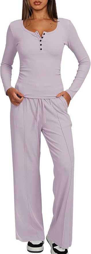 Darong Womens 2 Piece Matching Lounge Sets 2026 Long Sleeve Henley Shirts Wide Leg Pants Airport Travel Outfits
