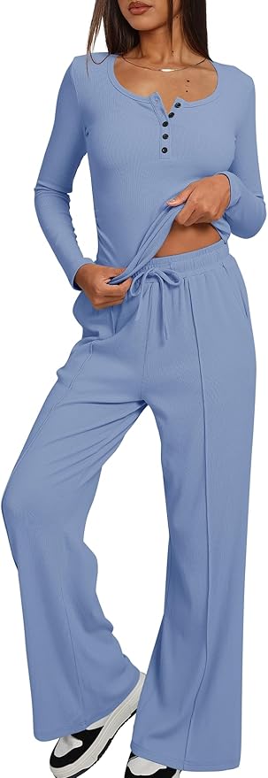 Darong Womens 2 Piece Matching Lounge Sets 2026 Long Sleeve Henley Shirts Wide Leg Pants Airport Travel Outfits