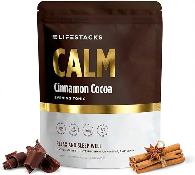 Lifestacks Calm Evening Tonic Sleep Powder - Cinnamon‑Cocoa Nighttime Superfood Drink Mix - Magnesium, L‑Theanine, Reishi Mushroom & L‑Tryptophan for Deep Sleep & Recovery, No Grogginess - 20 Servings
