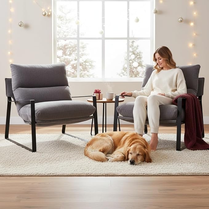 LukeAlon Modern Linen Accent Armchairs Set of 2, Upholstered Living Room Chairs with Metal Base Thickened Cushion Single Sofa Chairs Comfy Lounge Chairs for Bedroom Living Room, Grey