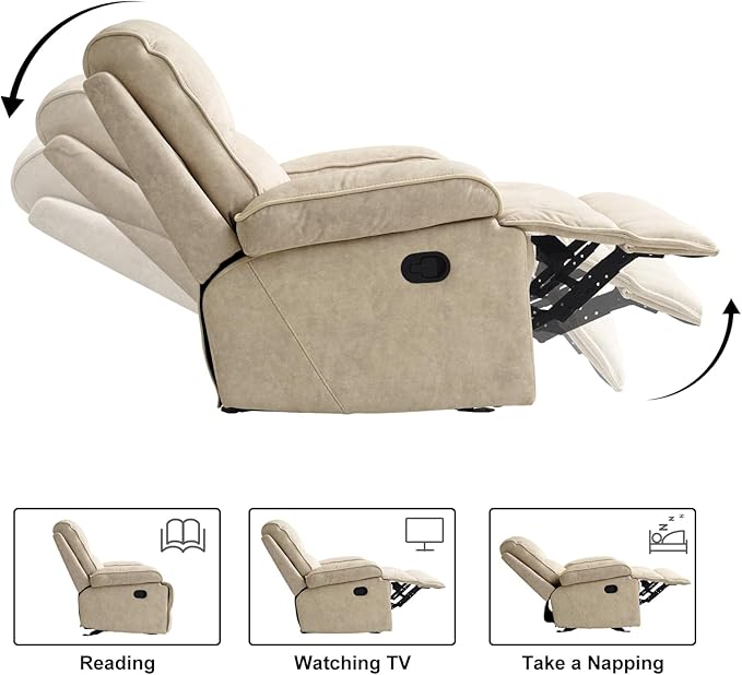 KeyEnergy Manual Rocker Recliner Chair for Adults, High Back Glider with Deep Seat, Upholstered Fabric Armchair for Living Room & Nursery, Flaxen