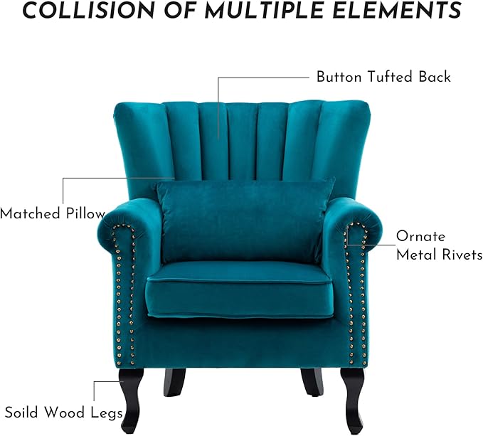 LZAREAL Accent Reading Arm Chairs Midcentury Modern Comfy Corner Sofa Chair, Wingback Waiting Room Club Chair with Tufted Back for Living Room/Bedroom/Reception Room, Velvet Teal