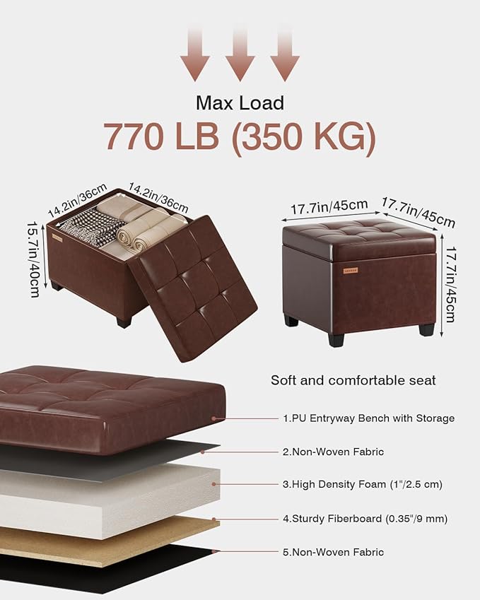 ABHENG 17.7 inches Synthetic Leather turfed Ottomans Cube with Storage, Metal-Framed Square Storage Ottoman Foot Rest Stool Holds 770 LB for Dorm Living Room Bedroom Brown UASND63R