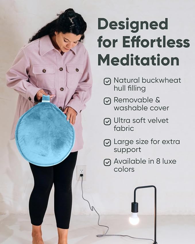 Mindful Modern Velvet Meditation Cushion | Luxe Zafu Yoga Floor Pillow Seat | Posture Support | Buckwheat Hull Filled | Large Round Cushion with Removable Washable Cover + Carry Handle