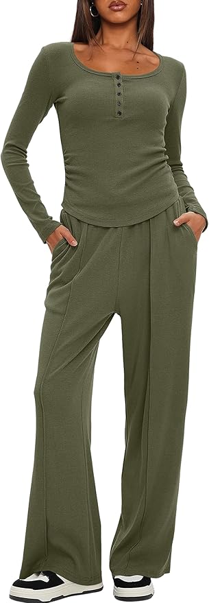 Darong Womens 2 Piece Matching Lounge Sets 2026 Long Sleeve Henley Shirts Wide Leg Pants Airport Travel Outfits