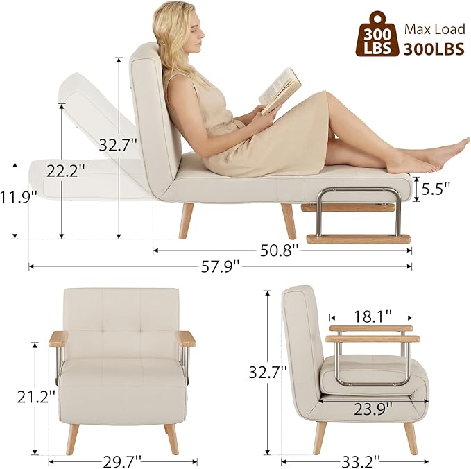 Folding Chair Bed, convertible chair to bed，3-in-1 Convertible Sleeper Chair Bed, Futon Chair with 6-Level Adjustable Backrest for Guest Room, Apartment, Dormitory, Home Office Cream Beige