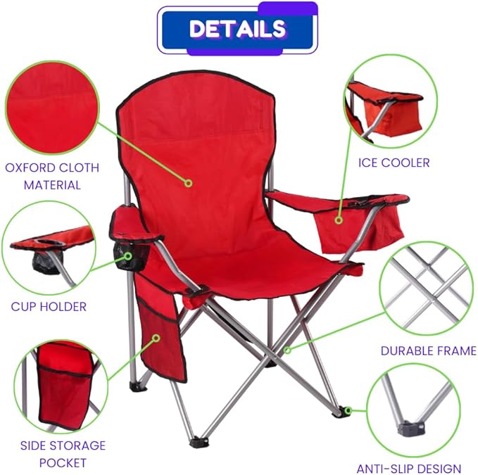 EZONE 4-Pack Camping Chairs with Built-in Ice Cooler, Portable Chair, Storage Pocket, Cup Holder, and Carry Bag Perfect for Camping, Tailgating, Fishing, Beach, and Lawn (4, Red)