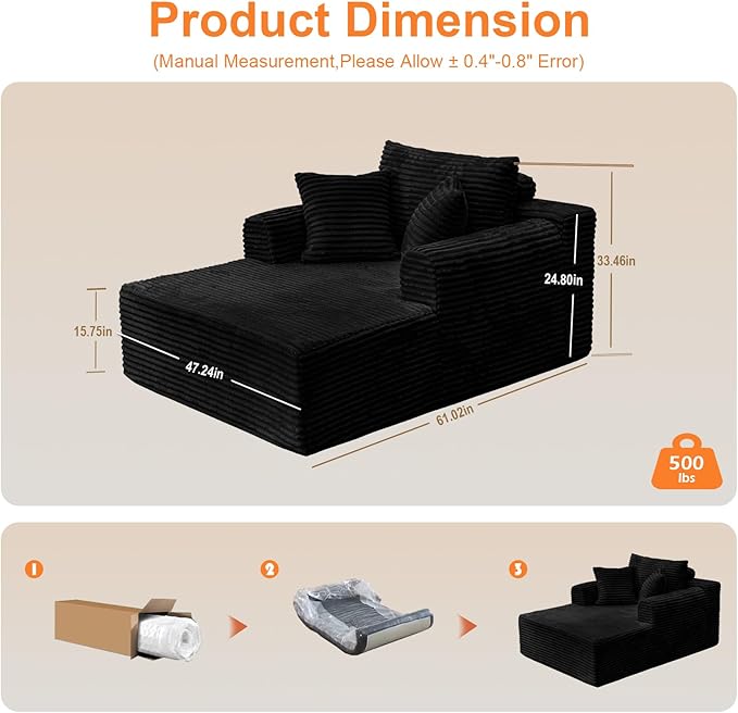 Oversized Chaise Lounge Chair Indoor, Upholstered Single 61'' Round Arm Boneless Cloud Sofa Bed Sleeper Couch, No Assembly Faux Rabbit Fur Memory Foam Reading Chair for Living Room Bedroom Black